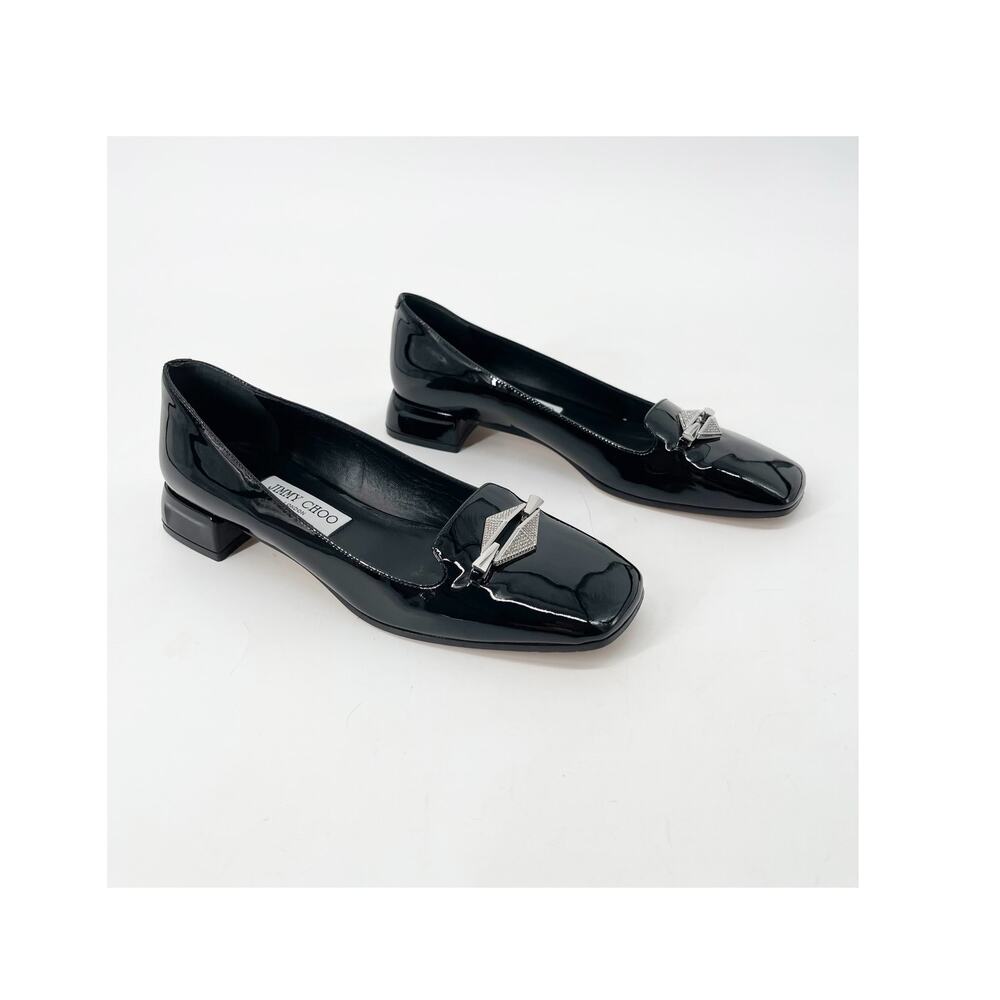 Jimmy Choo Black Patent Leather Ravi Crystal Square Toe Ballerina Pumps IT 38